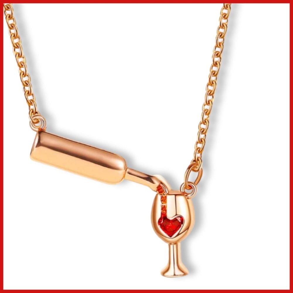 Rose Gold Wine Bottle With Wine Glass Red CZ's O Chain Approx 18" Extender Chain